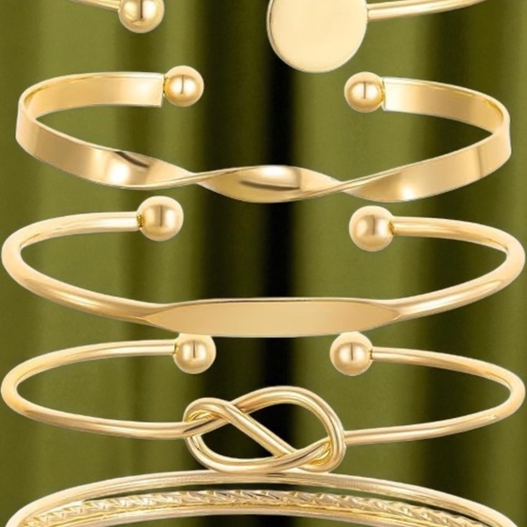 Gold Cuff and Bangle Bracelet Set of 5; Women Boho Chic Stackable Arm Jewelry - Picture 4 of 6